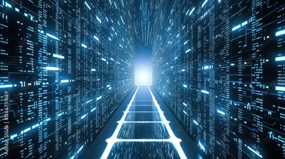 Poster futuristic digital tunnel with glowing lines and data streams leads to bright light. this captivatin