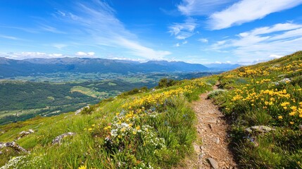 Naklejka premium Mountain Wildflower Trail Scenic Vista Breathtaking Summer Landscape