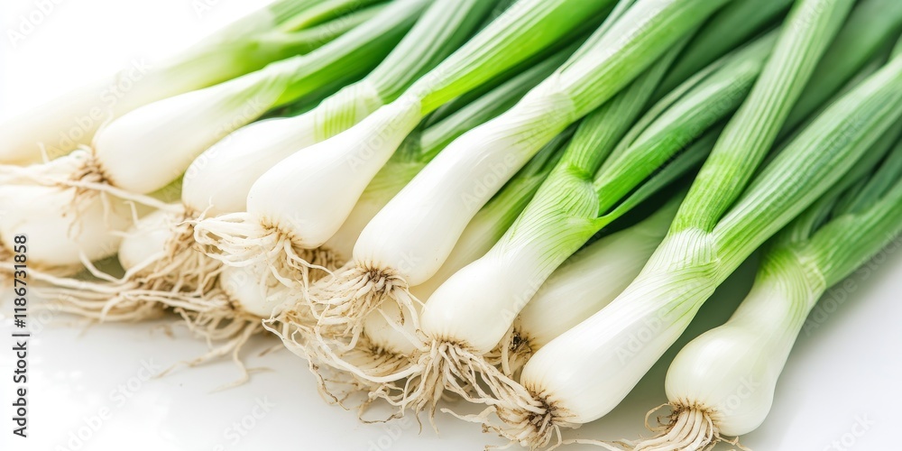 Poster fresh spring onions displayed on a white background create an appealing visual. the vibrant green of