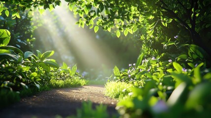 Fototapeta premium Sunlit Path Through Lush Green Forest Tranquil Nature Scene Serene Summer Day