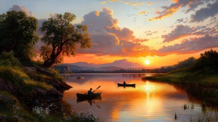 Serene Sunset Canoeing on Calm Lake Mountainscape