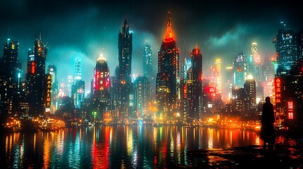 Obraz premium Futuristic Neon Cyberpunk Cityscape with Vibrant Lights