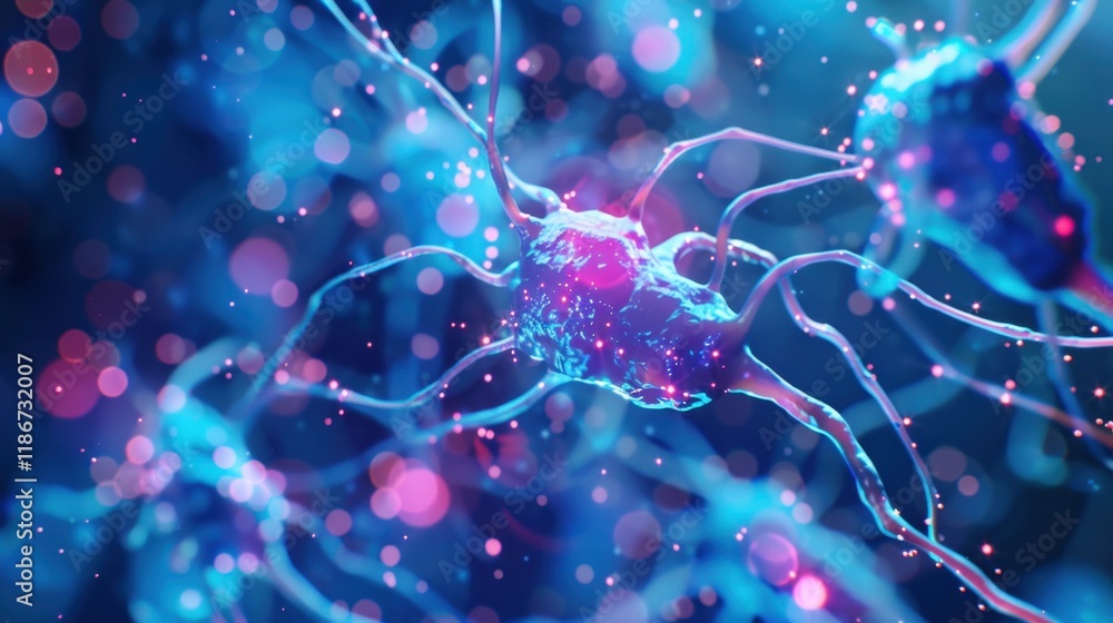 Poster neurons in vibrant colors with glowing connections, representing neural activity and communication i