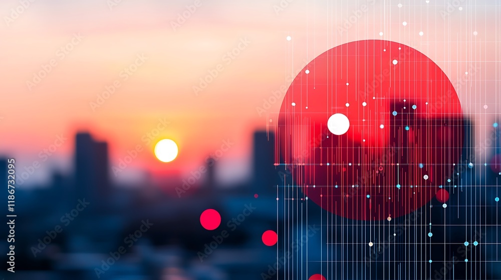 Poster abstract digital landscape featuring floating 3d shapes in front of a sunset background with soft bl
