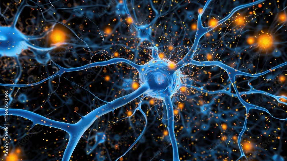 Poster blue neurons with glowing orange synapses create vibrant neural network, illustrating complexity of 