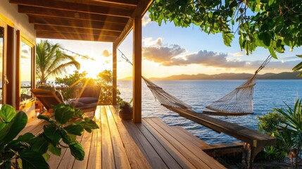 Tranquil Sunset View from Tropical Deck Hammock Relaxation