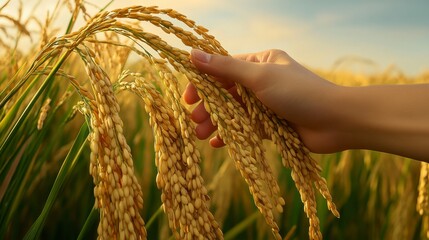 Golden Harvest: A hand reaches out to touch the ripened rice stalks in a field bathed in the warm glow of the setting sun.  The image symbolizes abundance, growth, and the bounty of nature.