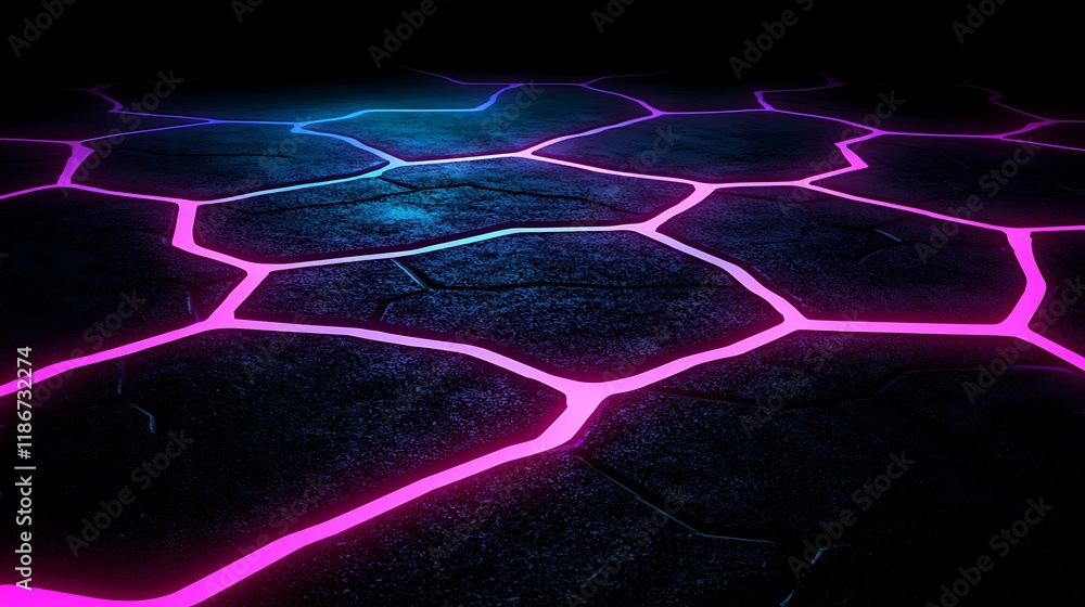 Poster digital landscape featuring a futuristic maze with neon-illuminated pathways on a dark ground level 