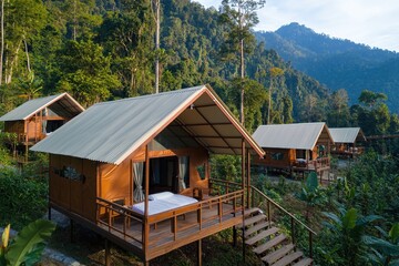 Fototapeta premium Tropical Getaway Luxurious Jungle Cabins Mountain View