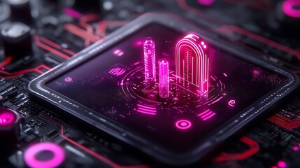 Futuristic 3D Digital Landscape with Floating Shapes on a Circuit Board Background, Showcasing Vibrant Neon Colors and Intricate Details in Technology Design