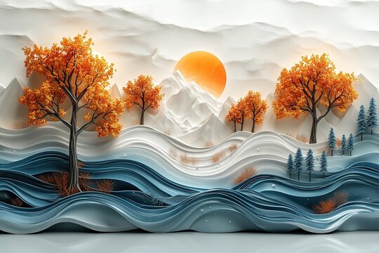 Autumn Mountain Landscape Wall Decor, 3D Design