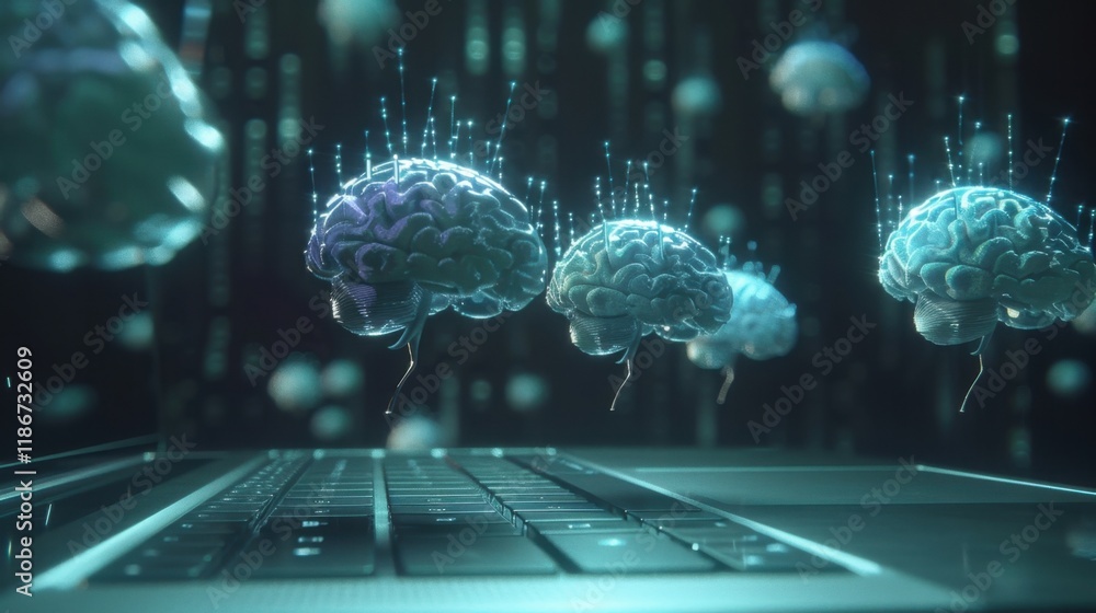 Poster digital brains floating above laptop, representing artificial intelligence and technology. scene con
