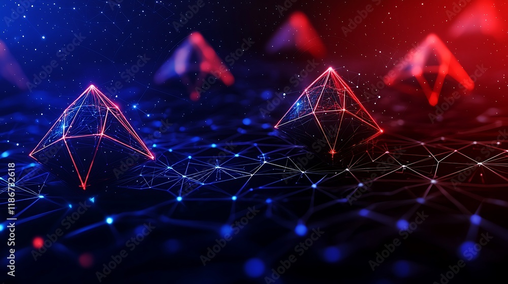 Poster digital floating landscape with 3d geometric shapes in a vibrant blue and red color palette, perfect