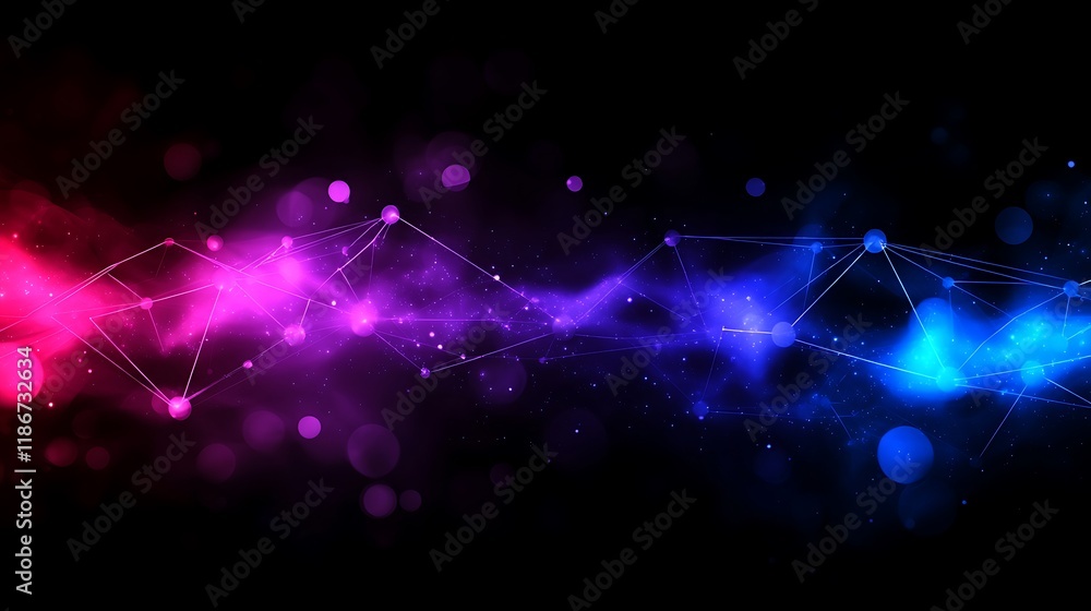 Poster abstract digital background featuring interconnected nodes and pathways in vivid colors of purple an