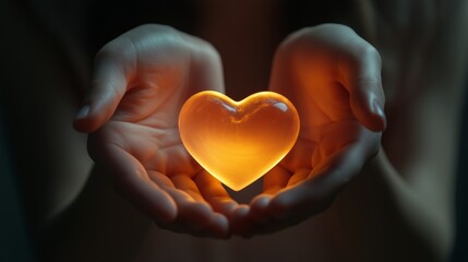 Fototapeta premium A pair of hands holding an illuminated heart symbol.