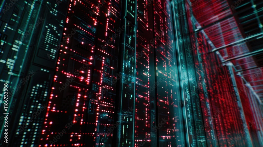 Aufkleber futuristic data center with glowing red and green lights, showcasing advanced technology and digital