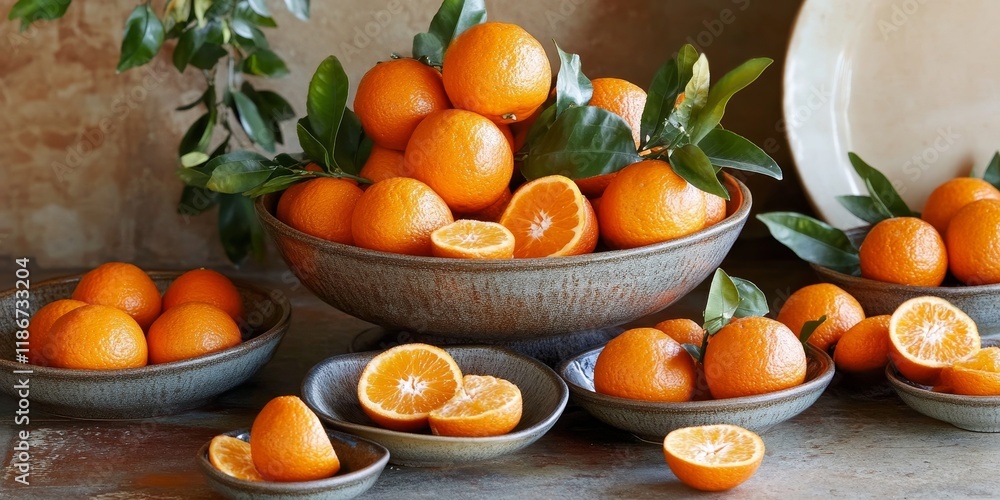 Poster Oranges are artfully arranged in each bowl, showcasing the vibrant colors and textures of the oranges, creating an appealing display that highlights the freshness of the oranges.