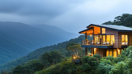 Mountaintop Modern House Evening View Stunning Landscape Design