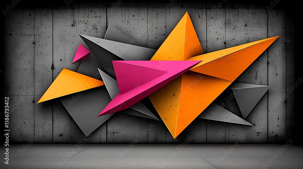 Poster dynamic composition of fragmented geometric shapes with bold colors against a textured concrete back
