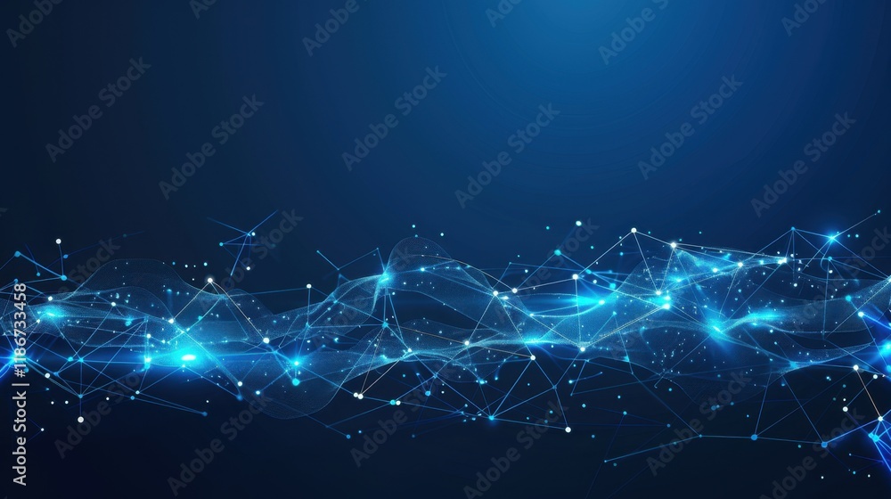Poster digital abstract background with glowing blue lines and dots, representing technology and connectivi