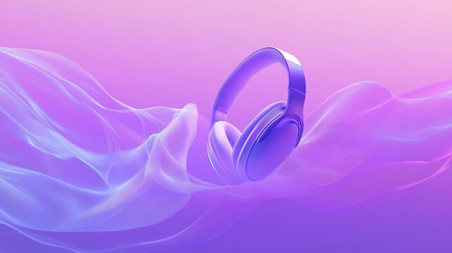 A premium pair of headphones floating in air with light abstract sound waves.