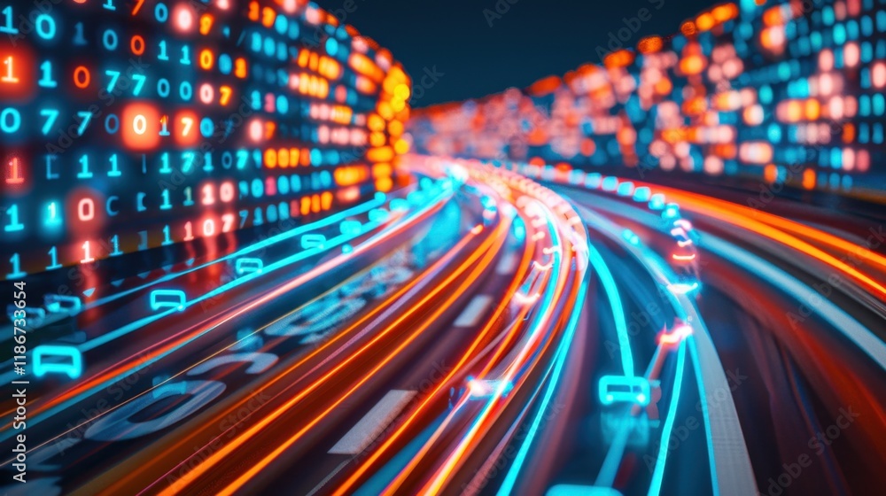 Poster abstract digital data flow with vibrant blue and orange lights, representing technology and informat