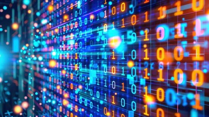 Obraz premium Digital data streams with binary code and vibrant colors create futuristic atmosphere, symbolizing technology and information flow