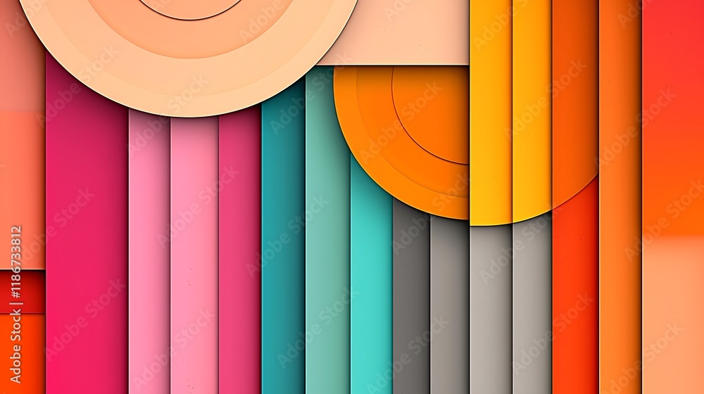 Poster vibrant dynamic composition of overlapping circles and stripes in vivid colors featuring a modern ab