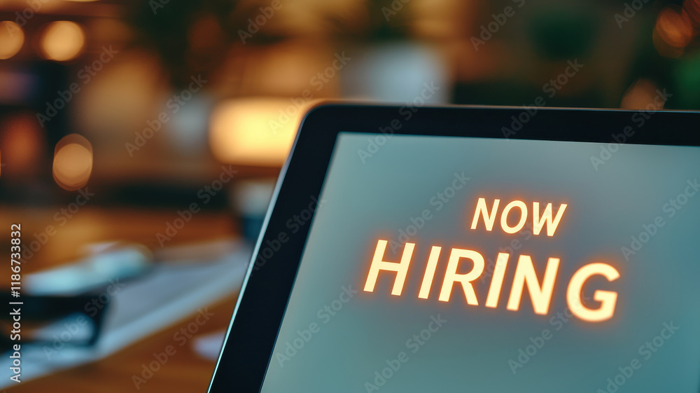 Poster now hiring message displayed on digital screen in office setting