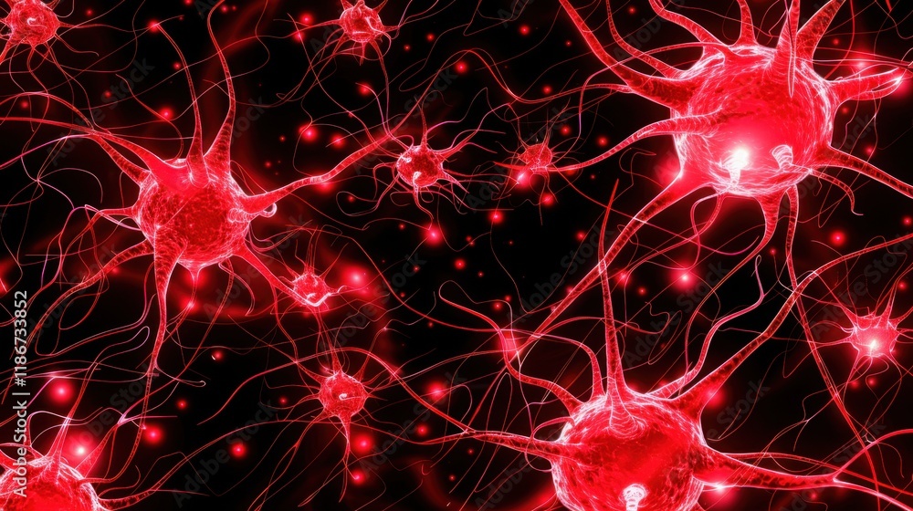 Poster red neurons with intricate connections on dark background, showcasing complexity of neural networks 