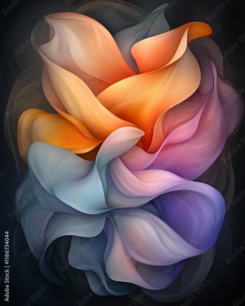 Poster dreamlike abstract composition featuring sinuous iridescent forms in a lustrous metallic spectrum wi