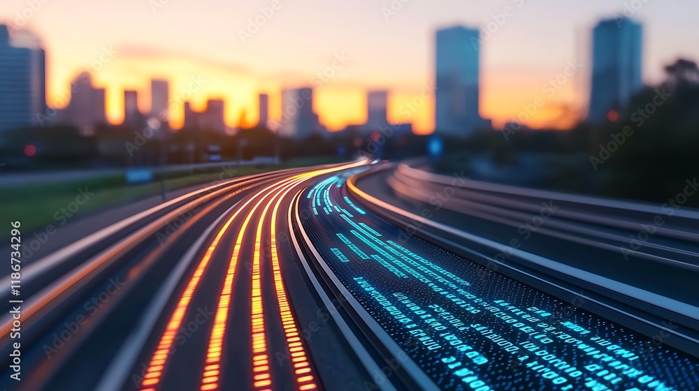 Poster dynamic visualization of data analytics in urban environment with blurred cityscape and light trails