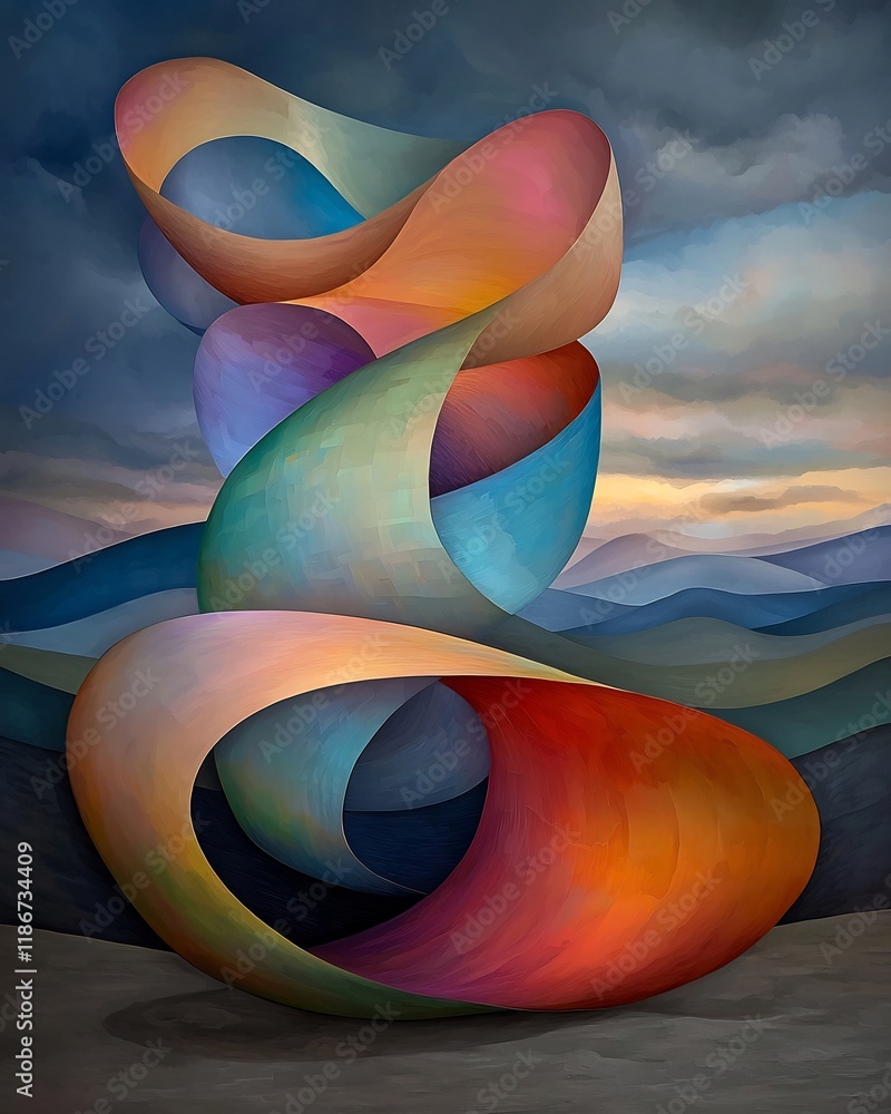 Poster enchanting iridescent ribbons flowing in a dazzling kaleidoscopic captivating fractal like structure