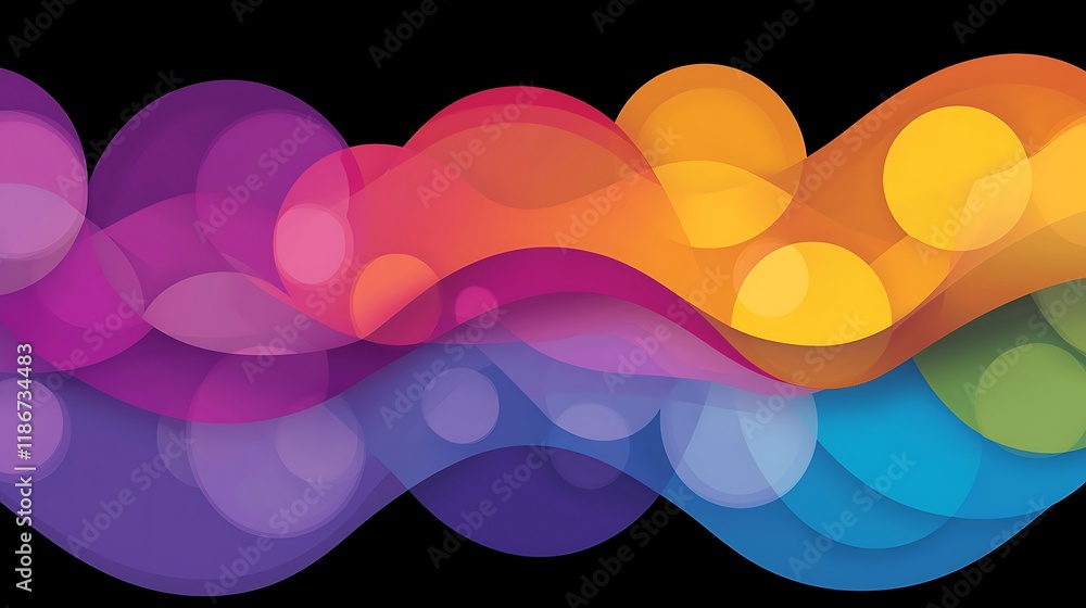 Poster abstract dynamic visualization of data analytics with colorful waves and bubbles on a black backgrou