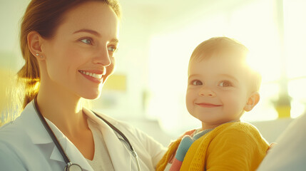 Pediatric healthcare professional providing compassionate care to a smiling child in a sunny clinic, promoting health and wellness.