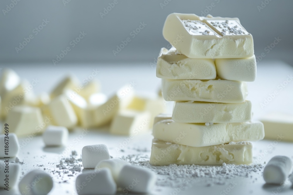 Poster a stack of colorful marshmallows sitting on a table, ready to be enjoyed or used in creative project