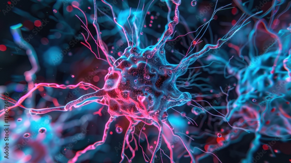 Poster vibrant depiction of neurons showcasing intricate connections and glowing colors, illustrating compl