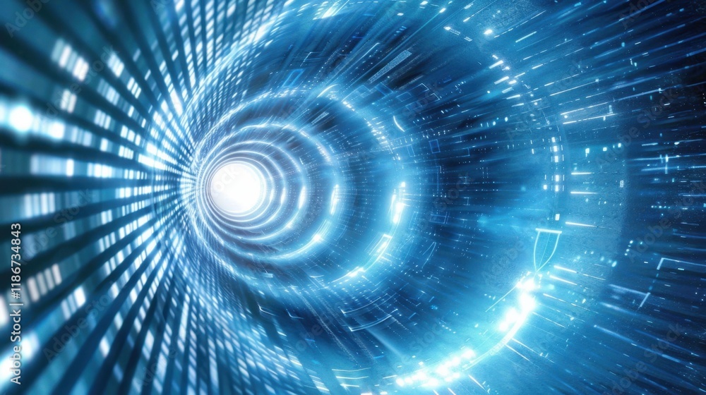 Poster futuristic digital tunnel with glowing blue lights and data streams, creating sense of speed and mot