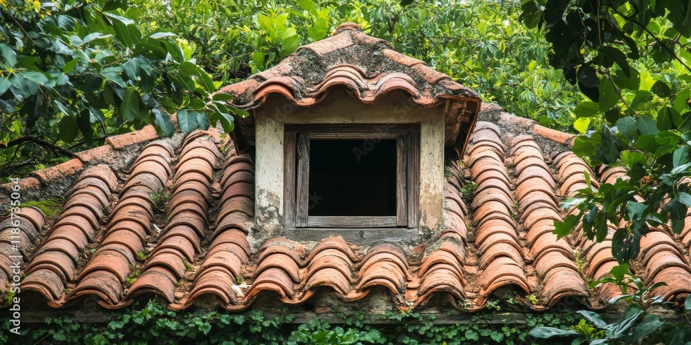 Poster roof tiles from an aged structure, framing an attic window. the view includes lush tree foliage arou
