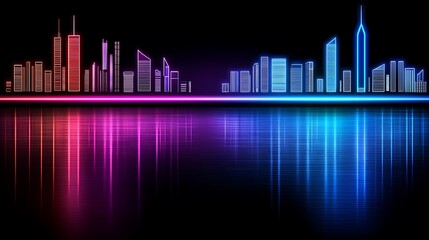 Fototapeta premium Futuristic City Skyline at Night with Illuminated Buildings Reflecting on Water, Creating a Vibrant and Colorful Urban Landscape