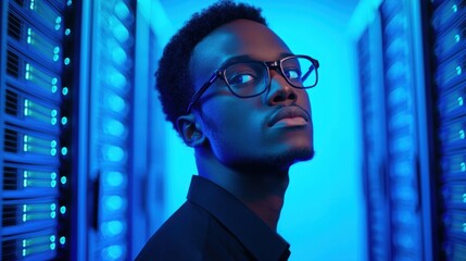 Young Man in Glasses Posing in a Modern Data Center Environment