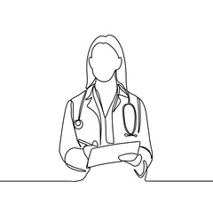 Continuous line drawing of a doctor with stethoscope. One line art of health care concept.