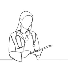 Continuous line drawing of a doctor with stethoscope. One line art of health care concept.