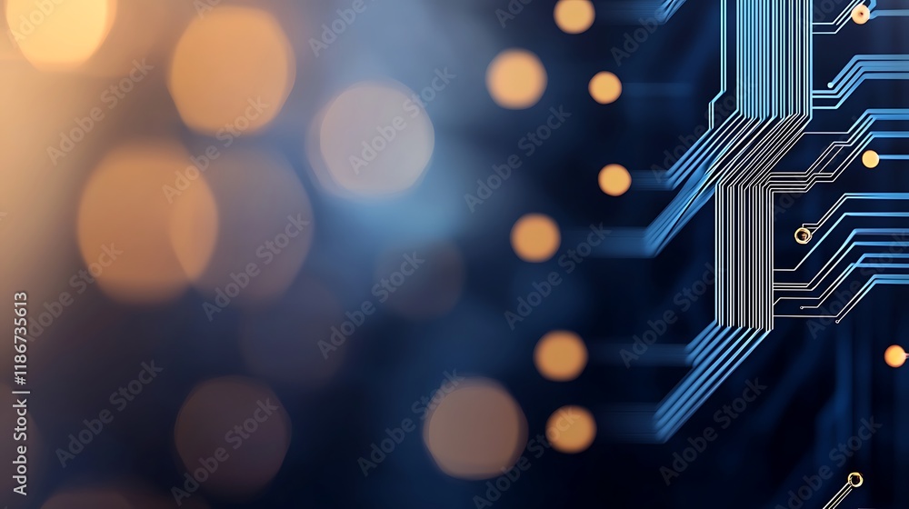 Poster futuristic digital interface with abstract circuit design and bokeh background, representing advance