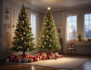 A festive Christmas Eve tree decorated with ornaments and garlands, holiday, tree, festive
