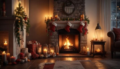 Fototapeta premium A festive Christmas Eve scene with a stocking hung by the chimney with a warm glow of candles and a crackling fireplace in the background, candles, festive, snuggle blanket
