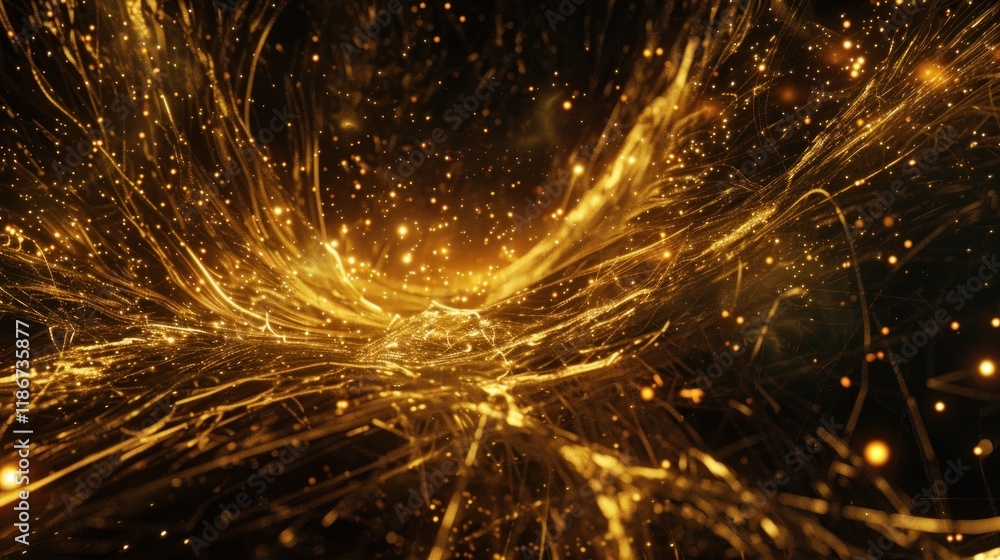 Poster abstract golden glowing particles swirling in dark space, creating a dynamic and luxurious effect.