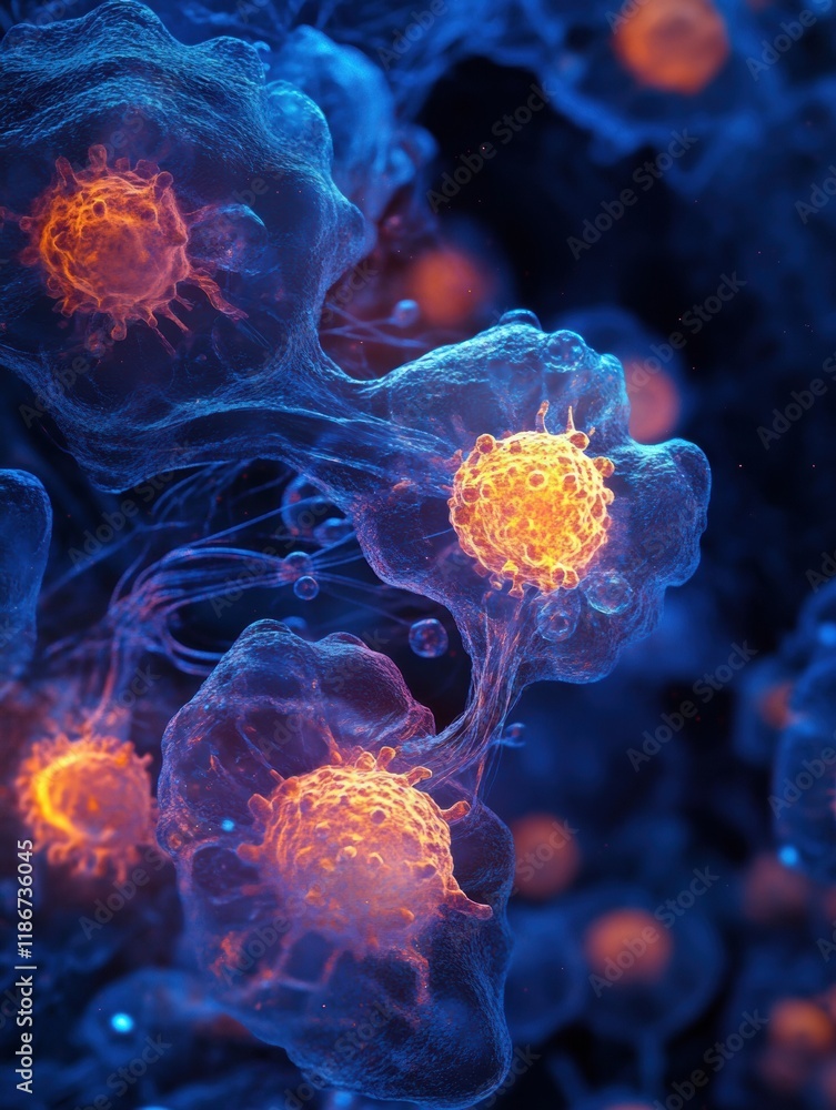 Aufkleber cancer cells exhibit vibrant glowing edges, showcasing intricate cellular structures under microscop