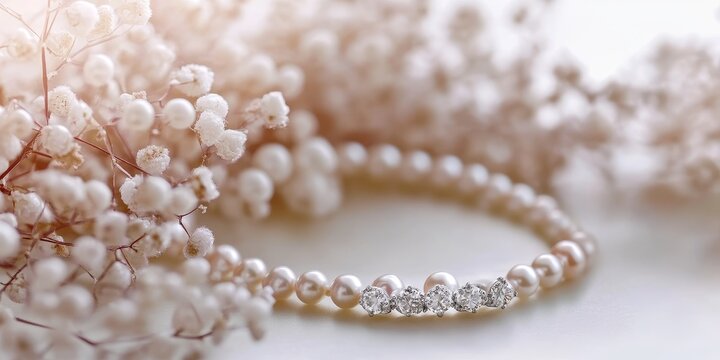 Elegant pearl jewellery showcased in a styled stock scene, perfect for wedding invitations and product displays, featuring ample copy space for customized presentations.