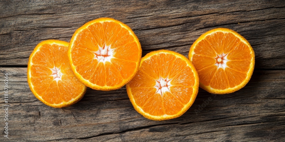 Poster fresh mandarin oranges cut in half displayed on a rustic wooden background, showcasing the vibrant c